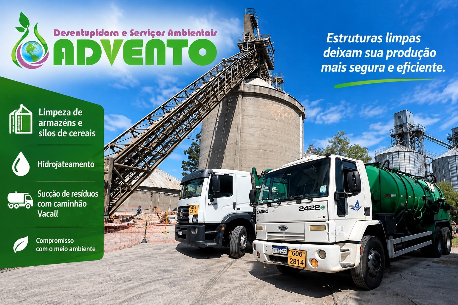 Limpeza de armazéns e silos de cereais no Rio Grande do Sul com hidrojateamento e sucção de resíduos com caminhão Vacall.