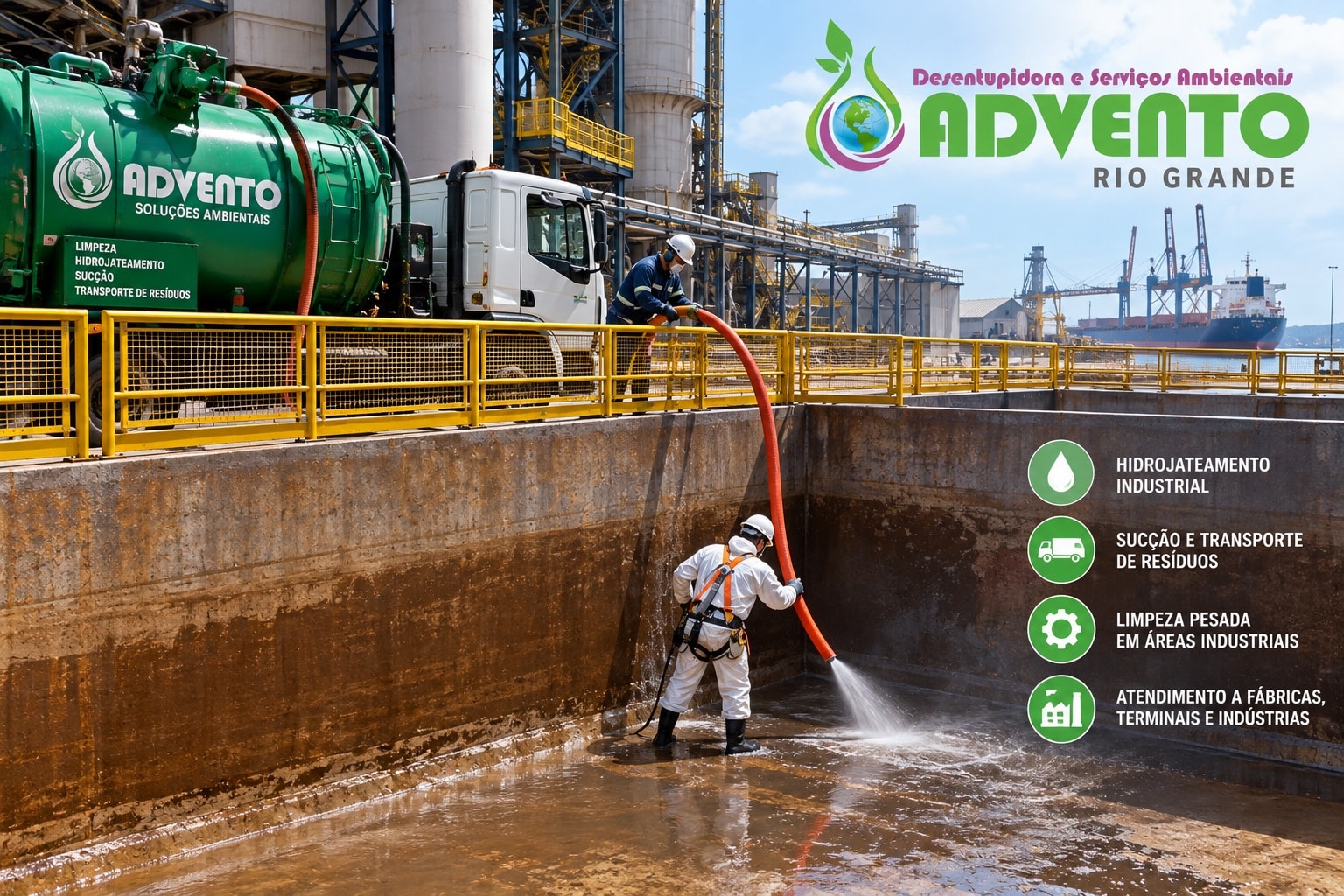 Limpeza industrial em Rio Grande para fábricas, terminais e indústrias, com hidrojateamento, sucção e transporte de resíduos.